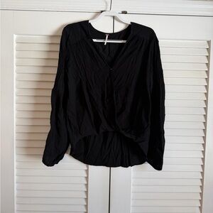 Free People Black Long Sleeve V-Neck Twist Front Blouse